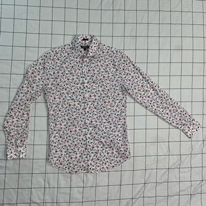Express Dress Shirt, White with Floral Print. Slim Fit, Size Small.
